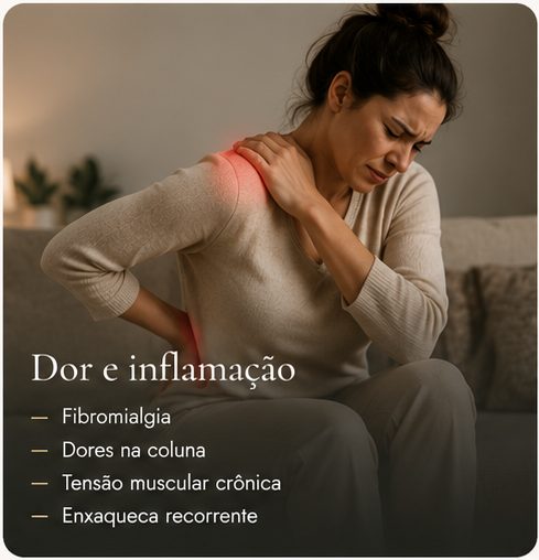 Dor e inflamação: fibromialgia, dores na coluna, tensão muscular crônica, enxaqueca recorrente