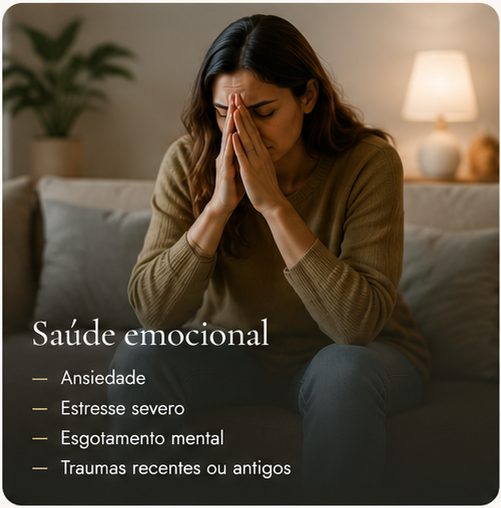 Saúde emocional: ansiedade, estresse severo, esgotamento mental, traumas recentes ou antigos